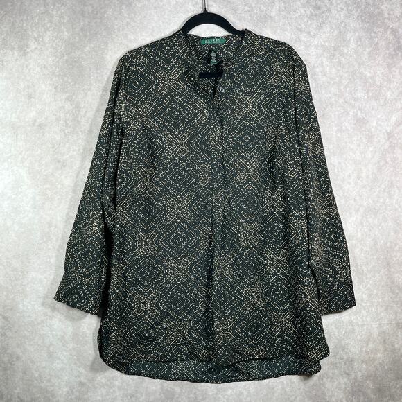 Lauren Ralph Lauren Blouse Womens 1X Black Dotted Popover Artsy‎ Mature Office - Picture 1 of 8